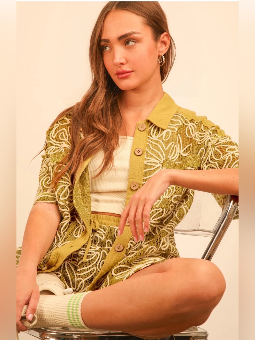 Boho Lace Olive Green Skirt Set with Button-Front Top